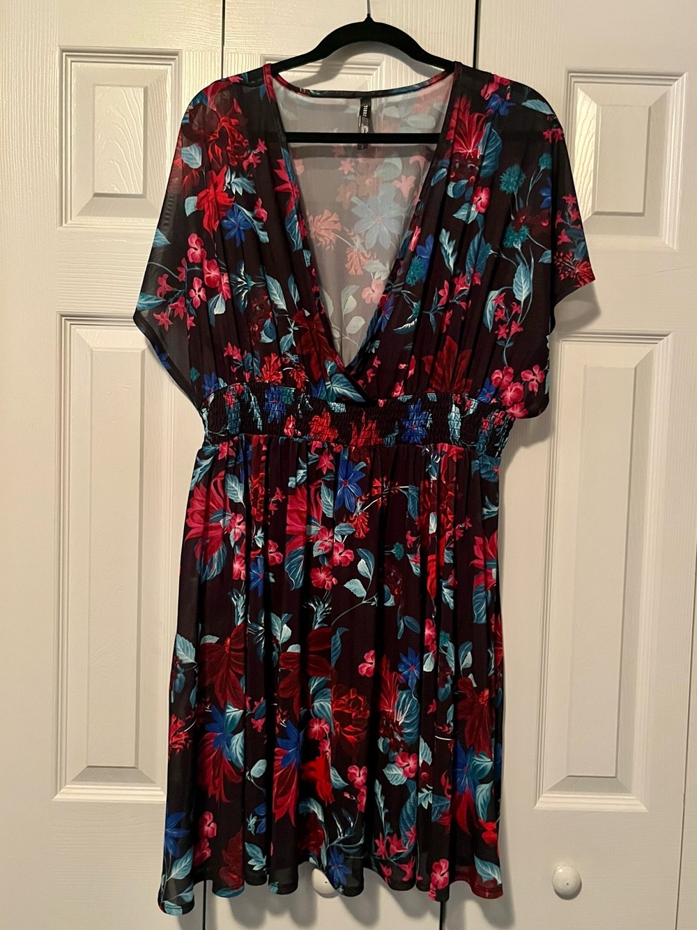 torrid Black Floral V-Neck Swim Coverup with Red & Blue Flowers